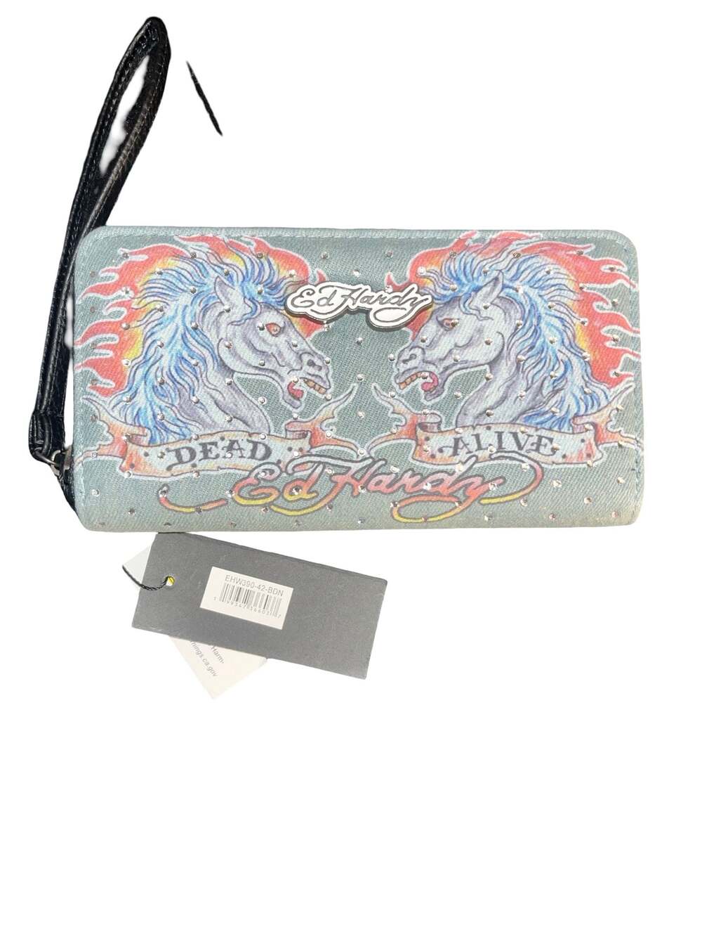 Ed Hardy Dead or Alive Horse Denim Zip-Around Wristlet Wallet